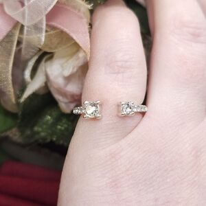 Sterling Silver Plated Two Crystal Stone Open Ring Size 5 Adjustable